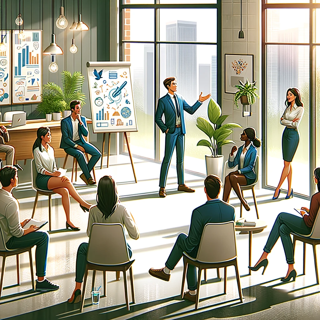 DALL·E 2023-11-27 13.51.11 - An illustration showcasing the impact of storytelling in a corporate environment. The scene is set in a bright, spacious office with large windows all